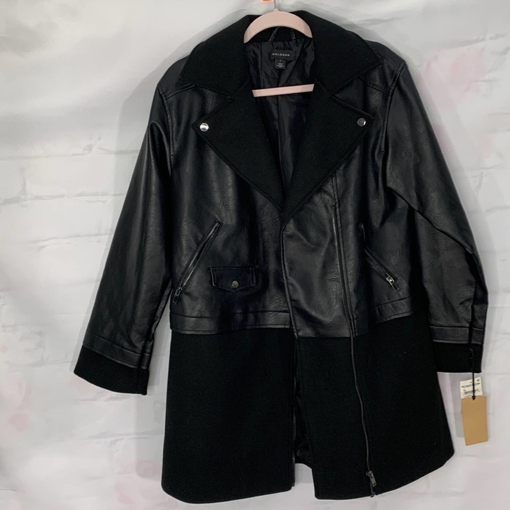 NWT‎ | Halogen Black Asymmetric Zip Mix Media Faux Leather Moto Coat Jacket